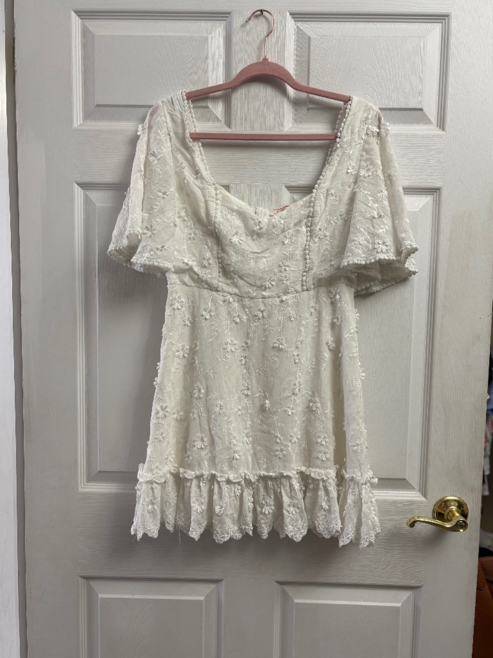 Women's Showpo White Embroidered Floral Flowy Flutter Sleeve Mini Dress